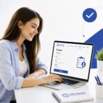 Elevă completând formularul de înscriere online pe laptop pentru certificarea ICDL la ECDL Neculce, într-un mediu modern și profesionist.