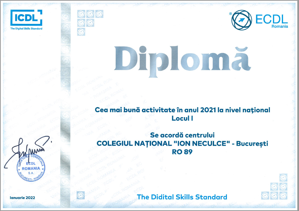 Diploma locul 1 ECDL - Romania 2021. Cel mai bun centru ECDL / ICDL din Romania
