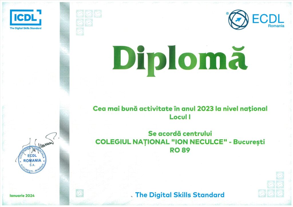 Diploma locul 1 ECDL Neculce Bucuresti - Romania 2023