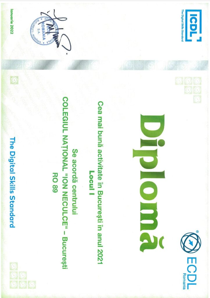 Diploma locul 1 ICDL - Bucuresti 2021. Cel mai bun centru ECDL / ICDL din Bucuresti