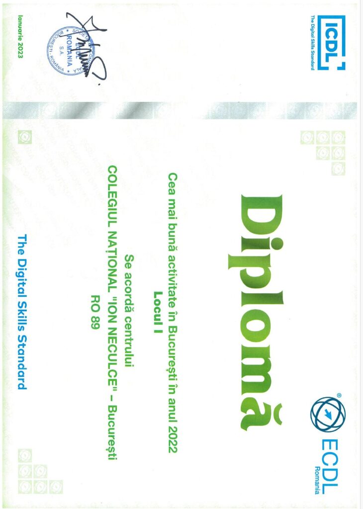 Diploma locul 1 ICDL - Bucuresti 2022. Cel mai bun centru ECDL / ICDL din Bucuresti