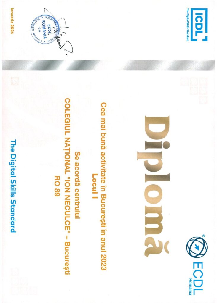 Diploma locul 1 ICDL - Bucuresti 2023. Cel mai bun centru ECDL / ICDL din Bucuresti