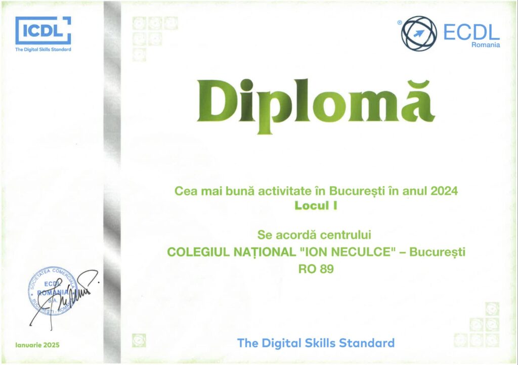 Diploma locul 1 ICDL - Romania 2024. Cel mai bun centru ECDL / ICDL din Bucuresti