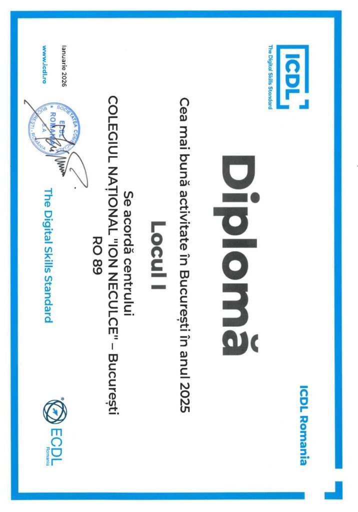 Diploma locul 1 ICDL - Bucuresti 2025. Cel mai bun centru ECDL / ICDL din Bucuresti