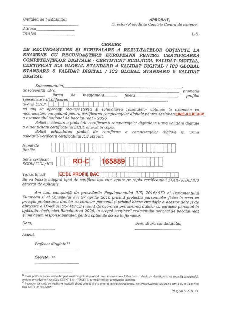 ECDL Neculce - Fisa Model completare cerere echivalare competente digitale ICDL / ECDL bac 2026