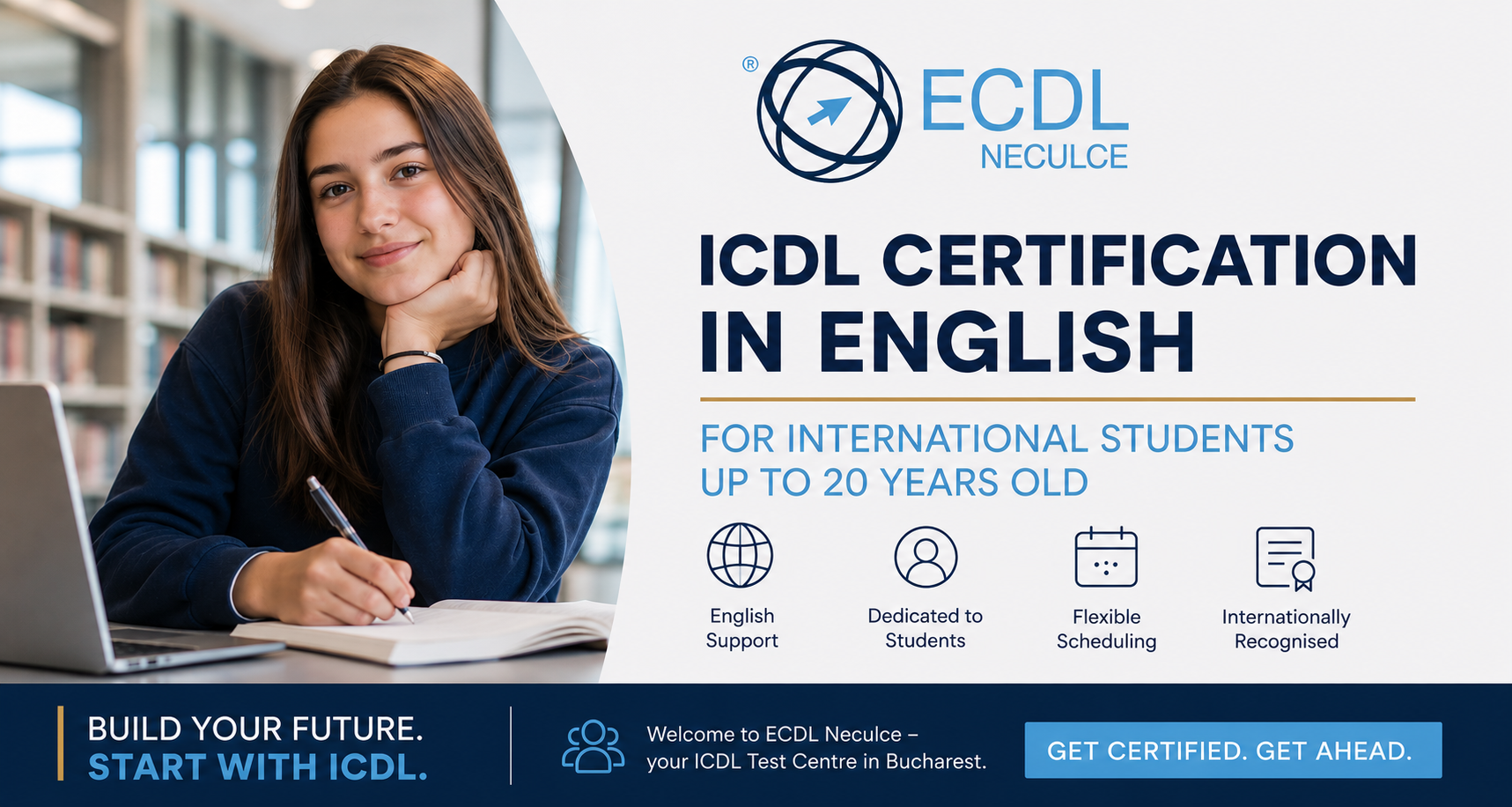 ICDL Certification in English banner by ECDL Neculce in Bucharest for international students up to 20 years old, offering English-language support and internationally recognised digital skills certification.