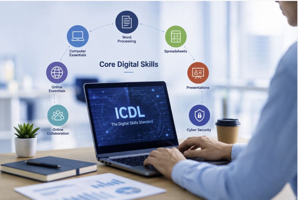 ICDL Core Digital Skills training in English – Computer Essentials, Online Essentials, Word Processing, Spreadsheets, Presentations, Cyber Security and Online Collaboration